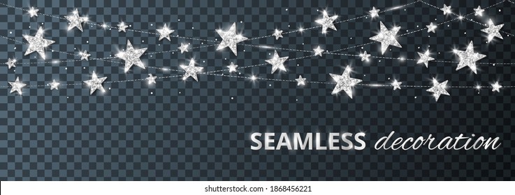 Seamless vector decoration isolated on transparent background. Strings with silver stars. Sparkling glitter holiday border, frame. For Christmas party posters, wedding invitations, birthday cards.