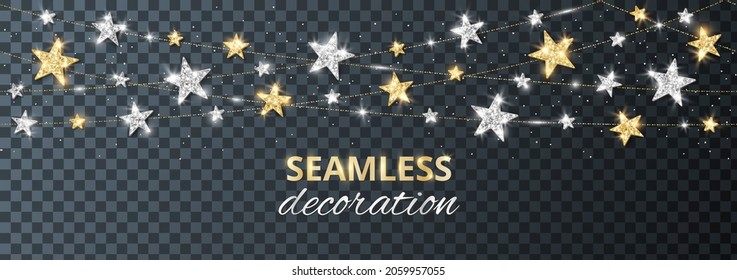 Seamless vector decoration isolated on transparent background. Strings with silver and gold stars. Sparkling glitter holiday border. For Christmas party posters, wedding invitations, birthday cards.