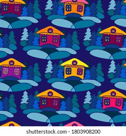 Seamless vector decorative colorful pattern of winter landscapes of houses, trees and snow in dark blue tones. The design is perfect for decorations, wrapping paper, backgrounds, textiles