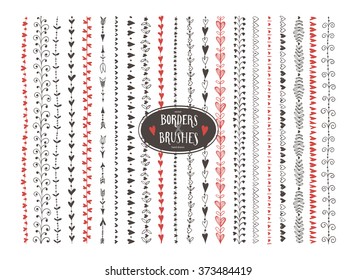 Seamless Vector Decorative Doodle Heart Paintbrushes With Inner And Outer Corners.Hand Drawn Ink Brushes.Brushes Are Included In Eps.Seamless Pattern Of Different Colors For Frames For Valentines Day.