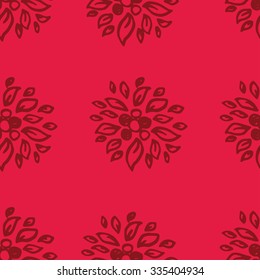 Seamless vector decorative floral pattern with plant elements on bright pink background. Beautiful ornament with berries and leaves.