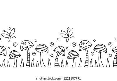 Seamless vector decorative hand drawn black and white pattern with mushrooms, butterfly, dots. Graphic illustration.