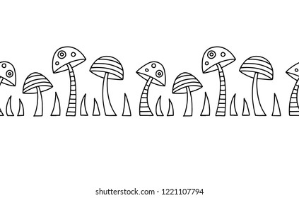 Seamless vector decorative hand drawn black and white pattern with mushrooms. Graphic illustration.