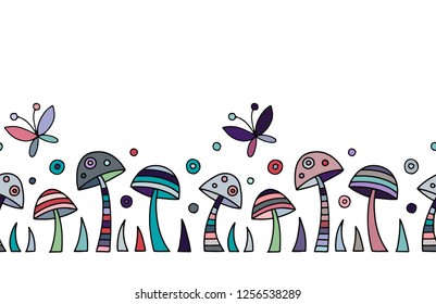 Seamless vector decorative hand drawn colorful pattern with mushrooms, butterfly, dots. Graphic illustration.