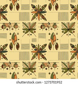 Seamless vector decorative hand drawn pattern with geometrical motifs, flowers. Graphic vintage design. Print for wrapping, wallpaper, surface, packaging.