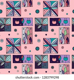 Seamless vector decorative hand drawn pattern with geometrical motifs, flowers. Graphic vintage design. Print for wrapping, wallpaper, surface, packaging.