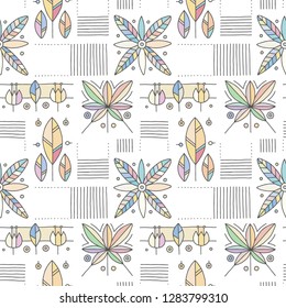 Seamless vector decorative hand drawn pattern with geometrical motifs, flowers. Graphic vintage design. Print for wrapping, wallpaper, surface, packaging.