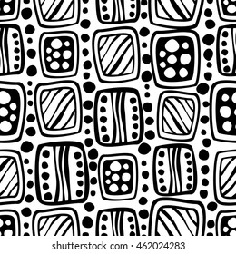 Seamless vector decorative hand drawn pattern. Black and white geometric endless background with ornamental decorative elements with ethnic, traditional motives.