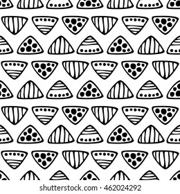 Seamless vector decorative hand drawn pattern. Black and white geometric endless background with ornamental decorative elements with ethnic, traditional motives.