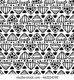 Seamless vector decorative hand drawn pattern. Black and white geometric endless background with ornamental decorative elements with ethnic, traditional motives.