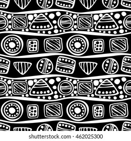 Seamless vector decorative hand drawn pattern. Black and white geometric endless background with ornamental decorative elements with ethnic, traditional motives.
