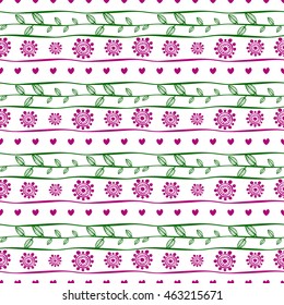 Seamless vector decorative hand drawn pattern, endless background with ornamental decorative elements, flowers, branch and leaves. Series of Ornamental Hand Drawn Seamless Patterns. 
