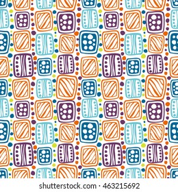 Seamless vector decorative hand drawn pattern. Black and white geometric endless background with ornamental decorative elements with ethnic, traditional motives.