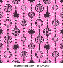 Seamless vector decorative hand drawn pattern. Pink ethnic endless background with ornamental decorative elements with traditional motives, geometric figures, dots. Graphic illustration