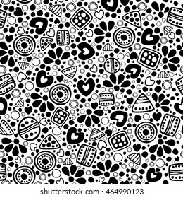 Seamless vector decorative hand drawn pattern. Black and white ethnic endless background with ornamental decorative elements with traditional motives, geometric figures, dots and flowers. 
