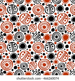 Seamless vector decorative hand drawn pattern. Black, red, white ethnic endless background with ornamental decorative elements with traditional motives, geometric figures, dots. 