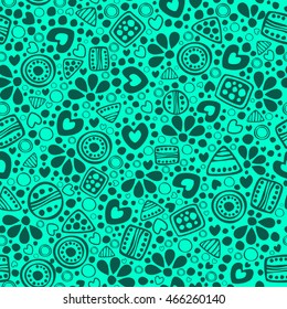 Seamless vector decorative hand drawn pattern. Turquoise ethnic endless background with ornamental decorative elements with traditional motives, geometric figures, dots and flowers. 