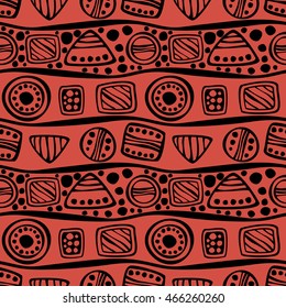 Seamless vector decorative hand drawn pattern. Black, red ethnic endless background with ornamental decorative elements with traditional motives, geometric figures, dots. 