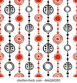 Seamless vector decorative hand drawn pattern. Black, red, white ethnic endless background with ornamental decorative elements with traditional motives, geometric figures, dots. 