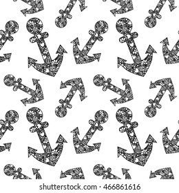 Seamless vector decorative hand drawn pattern with anchor. Black and white endless background with ornamental decorative elements with traditional motives. 