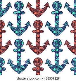 Seamless vector decorative hand drawn pattern with anchor. Colorful endless background with ornamental decorative elements with traditional motives. 