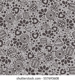 Seamless vector decorative hand drawn pattern. Grey ethnic endless background with ornamental decorative elements with traditional motives, tribal geometric figures, dots and flowers