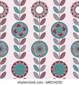 Seamless vector decorative hand drawn pattern, endless background with ornamental decorative elements, flowers, branch and leaves. 