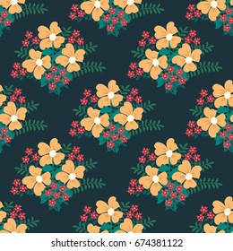 Seamless vector decorative pattern. Bouquets of orange and red flowers on a dark background. Image for printing, decor, design, scrapbooking, textiles, wallpaper and other