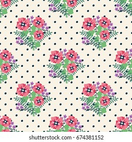 Seamless vector decorative pattern. Bouquets of purple and pink flowers on a background with dots. Image for print, design, textiles, decor, decoupage, scrapbooking and other