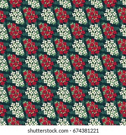Seamless vector decorative pattern. Bouquets with small red and beige flowers on a dark background. Image for print, design, textiles, decor, decoupage, scrapbooking and other
