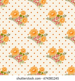 Seamless vector decorative pattern. Bouquets of orange and pink flowers on a background with dots. Image for print, design, decor, textiles, decoupage, scrapbooking and other