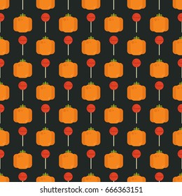 Seamless vector decorative pattern. Bright orange pumpkins and red lollipops. Background for printing, covers, textiles, design, scrapbooking, decoupage, stationery and other