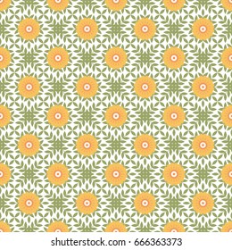 Seamless vector decorative pattern. Bright floral background in a palette of green, yellow and orange. Image for print, design, covers, stationery, textiles, decoupage, scrapbooking, decor and other