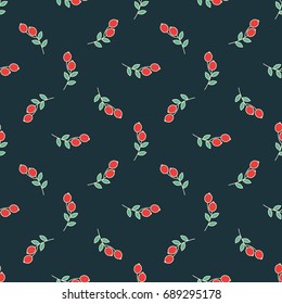 Seamless vector decorative pattern for design, printing, textiles, covers and other materials. Sprigs of red berries on a dark background.