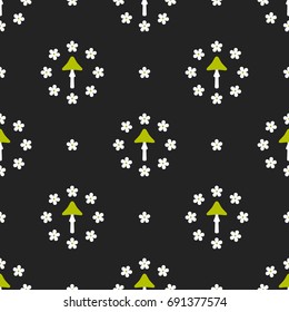 Seamless vector decorative pattern for design, printing, covers, textiles and other materials. Background with flowers and mushrooms in a palette of dark gray, white and green