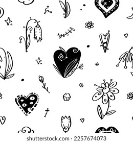 Seamless vector decorative pattern with fantasy flowers, hearts. Boho. Outline. Black lines on white.