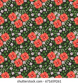Seamless vector decorative pattern. A floral ornament in a palette of green and red shades on a dark gray background. Image for printing, design, textiles, wallpaper, scrapbooking, decoupage