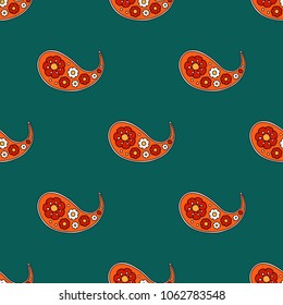 Seamless vector decorative pattern with hand drawn traditional indian paisley elements on turquoise background. Floral design template for print,fashion pattern,textile,gift wrap and cool home decor.