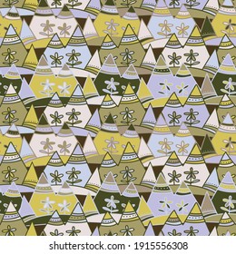 Seamless vector decorative pattern illustration of triangular ornamental mountains and flowers in yellow tones. The design is perfect for wrapping paper, backgrounds, textile, packaging