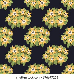 Seamless vector decorative pattern. Image for printing, design, decor, textiles, wallpapers, covers and other. Yellow flowers with green foliage on a dark background