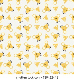 Seamless vector decorative pattern with mice and cheese. Background for printing on paper, wallpaper, covers, textiles, fabrics, for decoration, decoupage, scrapbooking and other