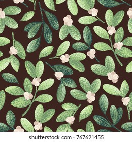Seamless vector decorative pattern with mistletoe for wrapping paper, gifts, holiday and greeting Christmas card. Holiday background for fabric, textile.