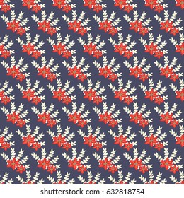 Seamless vector decorative pattern for printing. Bright red flowers and beige leaves on a dark blue background