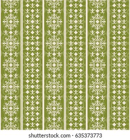 Seamless vector decorative pattern for printing. Light creamy ornament with stripes on a green background