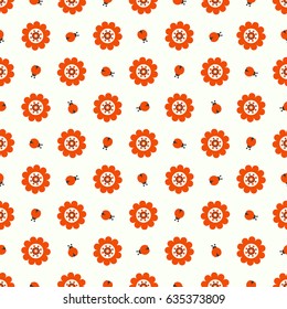 Seamless vector decorative pattern for printing. Bright orange flowers and beetles on a hollow background