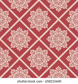 Seamless vector decorative pattern for printing and design. Beige abstract ornament on a dark red background with rhombuses