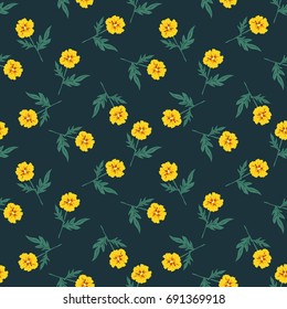 Seamless vector decorative pattern for printing, design, textiles, covers and other materials. Branches of bright yellow flowers on a dark background