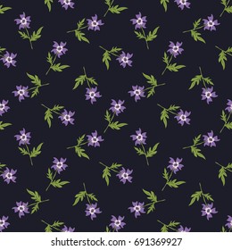 Seamless vector decorative pattern for printing, design, textiles, covers and other materials. Branches of purple flowers on a dark background