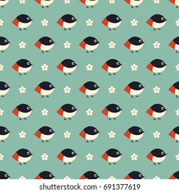 Seamless vector decorative pattern for printing, design, textiles, covers and other materials. Background with birds and flowers in a palette of dark gray, red, beige and turquoise