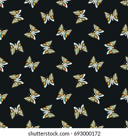 Seamless vector decorative pattern for printing, design, covers, textiles, wrapping paper and other materials. Light butterflies with a pattern of bright circles on a dark background